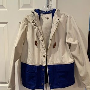 J CREW womens anorak color block sail jacket hooded canvas coat ivory blue